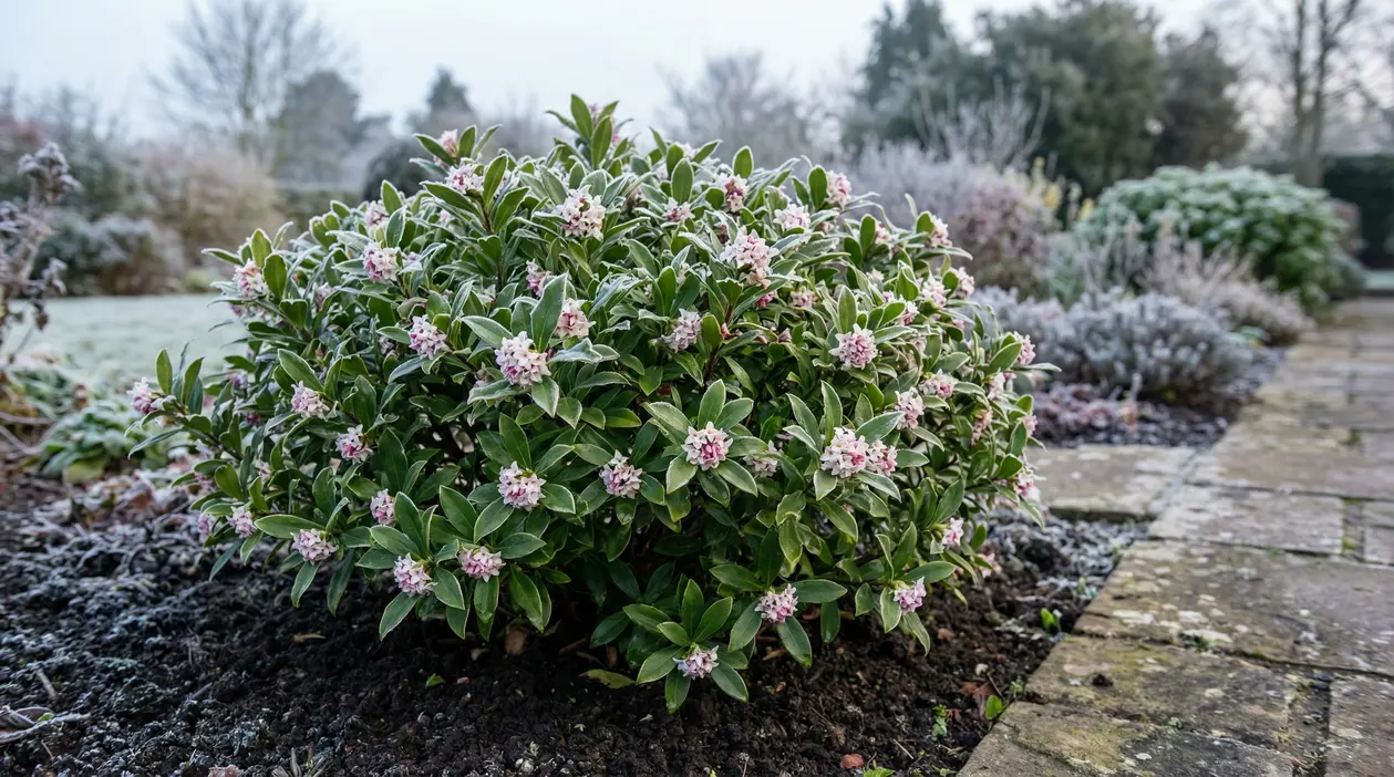 Arbusto sempreverde con piccoli fiori rosa in un giardino invernale