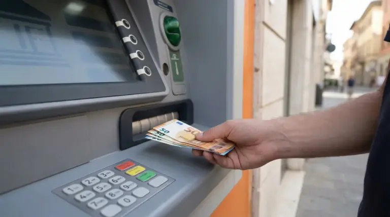 Persona preleva banconote da uno sportello bancomat in una strada urbana