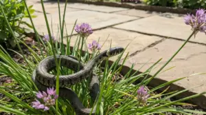 Serpente tra erba e fiori in un giardino soleggiato vicino a un vialetto in pietra