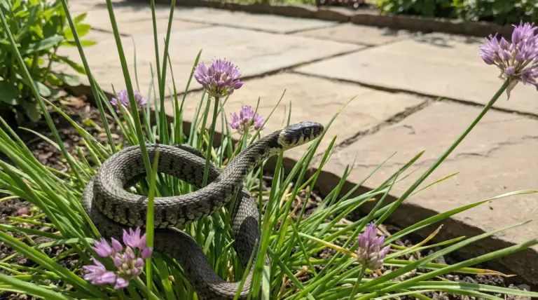 Serpente tra erba e fiori in un giardino soleggiato vicino a un vialetto in pietra