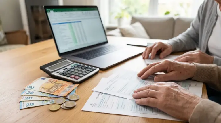 Due persone anziane esaminano documenti pensionistici con un portatile, calcolatrice e banconote sul tavolo