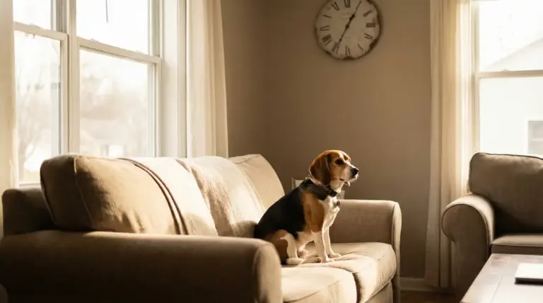 Un cane seduto da solo su un divano in salotto, illuminato dalla luce del giorno