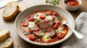 Piatto di carne alla pizzaiola con pomodorini, mozzarella e origano fresco