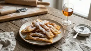 Piatto di chiacchiere dolci spolverate di zucchero a velo su tavolo rustico