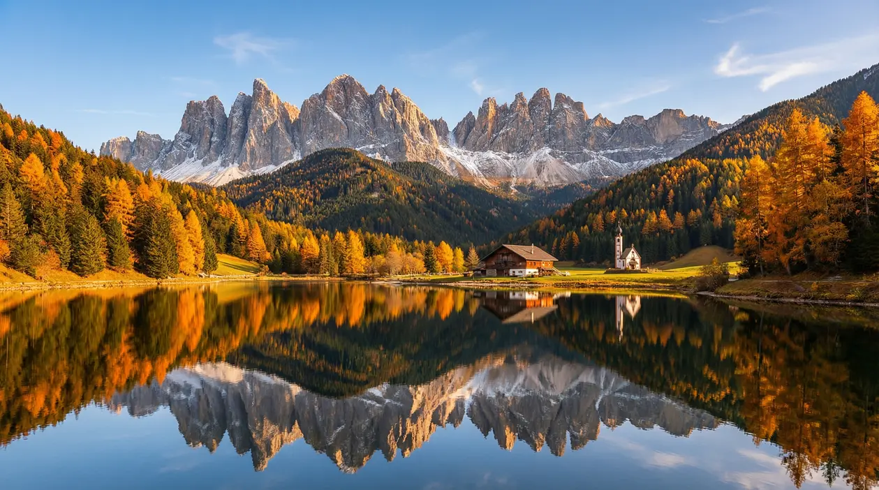 Paesaggio autunnale in Trentino con lago, foresta colorata e montagne sullo sfondo