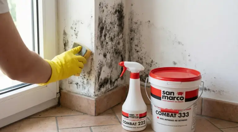 Persona con guanti pulisce la muffa da un angolo del muro usando una spugna