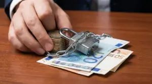 Mano che protegge banconote e monete euro con un lucchetto e una catena