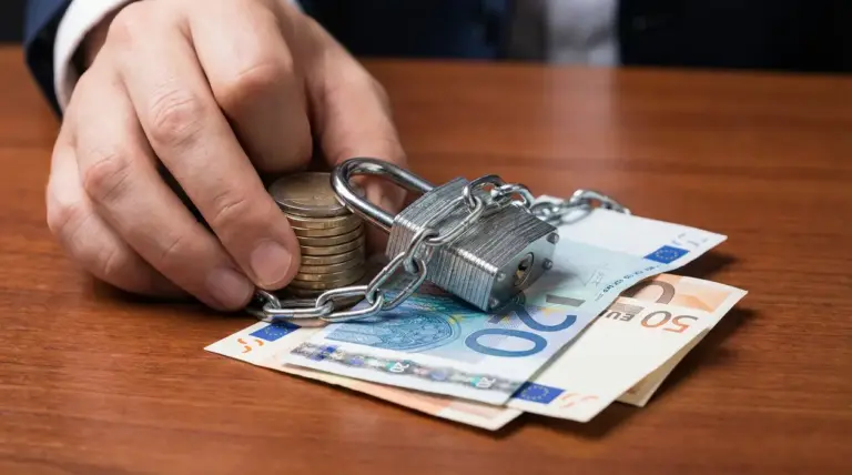 Mano che protegge banconote e monete euro con un lucchetto e una catena