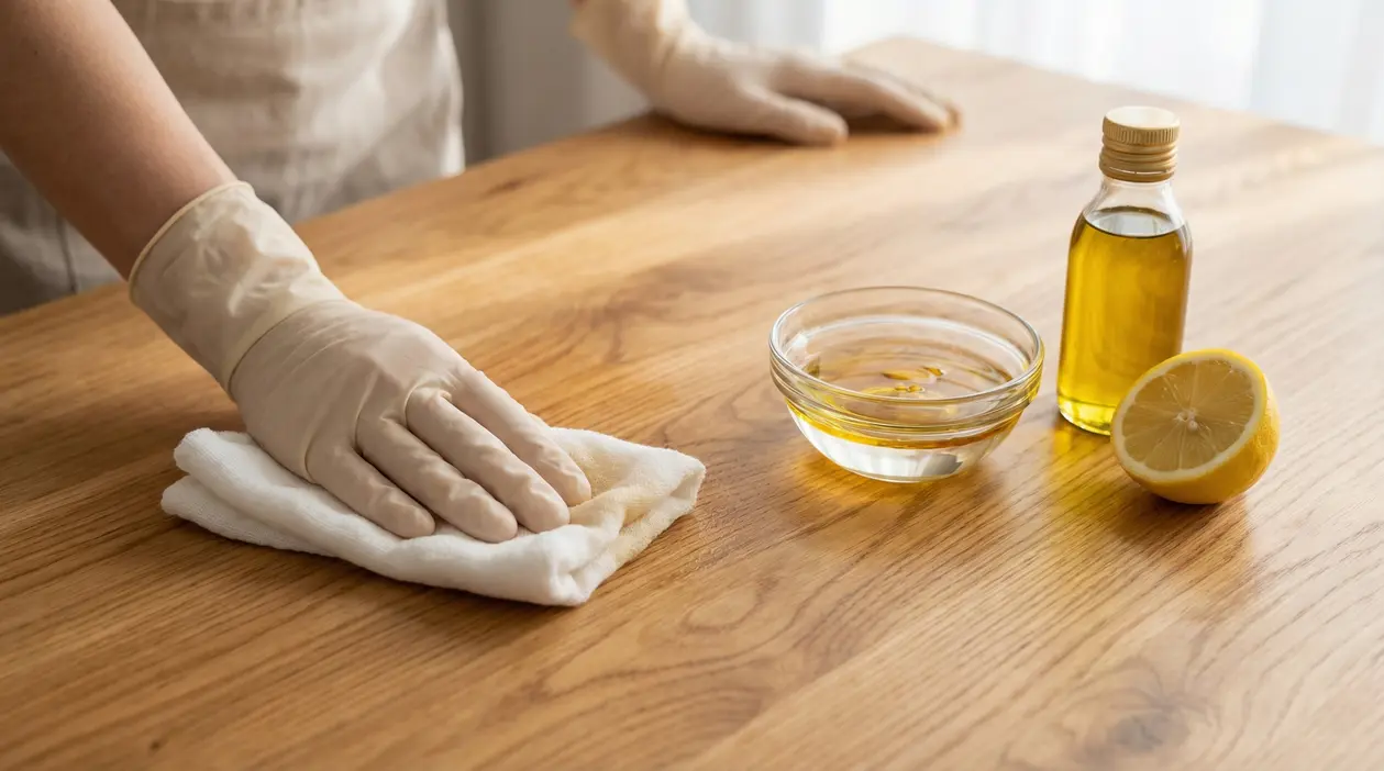 Persona con guanti pulisce un mobile in legno con un panno accanto a limone e olio