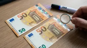 Controllo di due banconote da 50 euro con lente d'ingrandimento su un tavolo