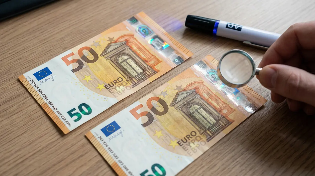 Controllo di due banconote da 50 euro con lente d'ingrandimento su un tavolo