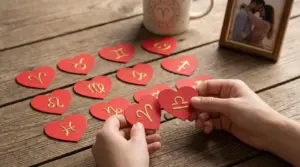 Mani tengono cuori rossi con simboli zodiacali su un tavolo di legno