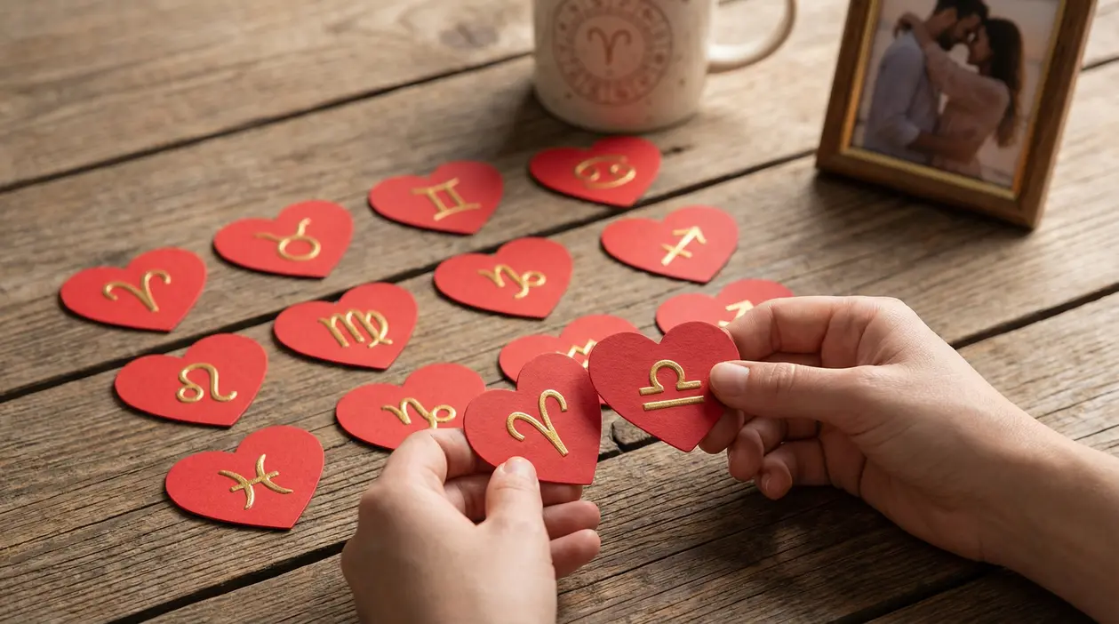 Mani tengono cuori rossi con simboli zodiacali su un tavolo di legno