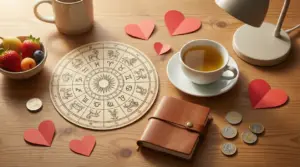 Tavolo con segni zodiacali, tazza di tè, monete, cuori di carta e oggetti da scrivania