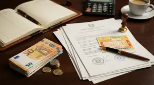 Documenti notarili con soldi in contanti, monete, biglietto del Superenalotto e penna su scrivania