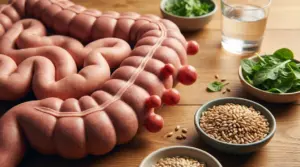 Modello di intestino umano con diverticoli accanto a ciotole di cereali e verdure