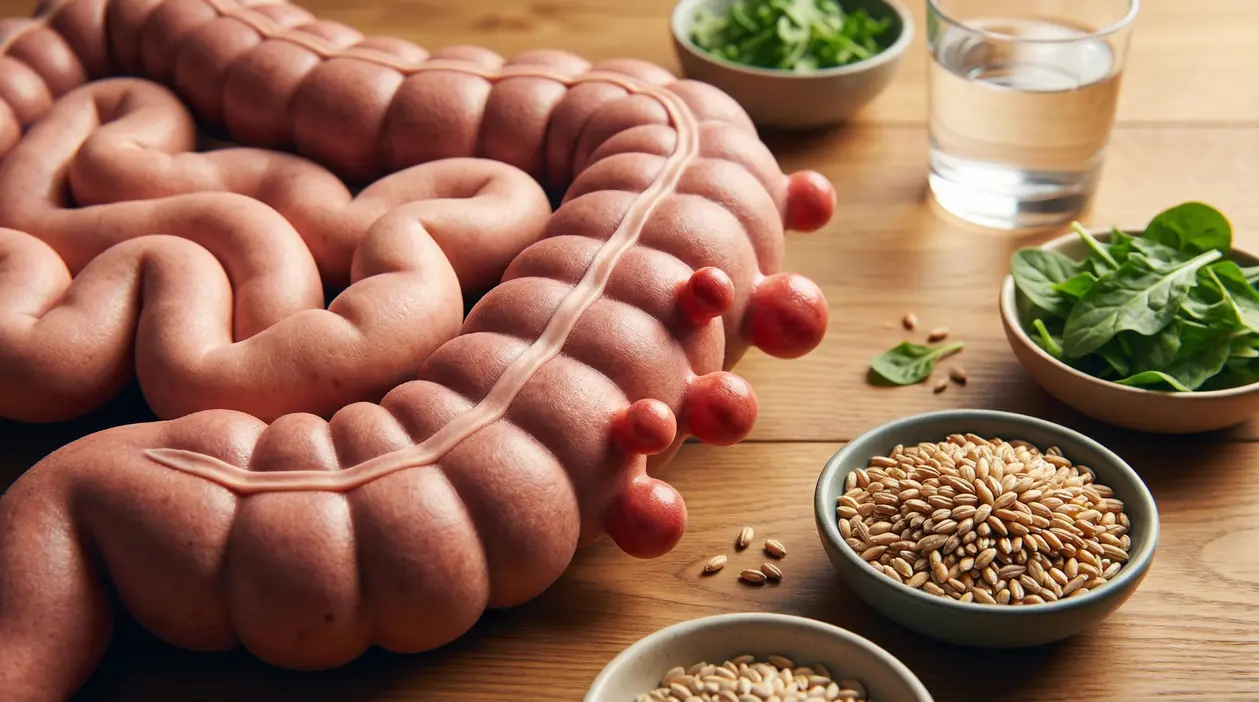 Modello di intestino umano con diverticoli accanto a ciotole di cereali e verdure