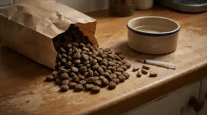 Crocchette versate su un tavolo accanto a una ciotola, una siringa e delle compresse