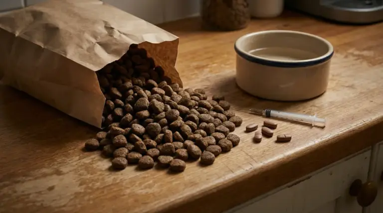 Crocchette versate su un tavolo accanto a una ciotola, una siringa e delle compresse