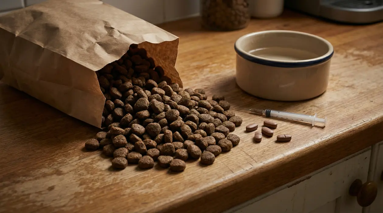 Crocchette versate su un tavolo accanto a una ciotola, una siringa e delle compresse