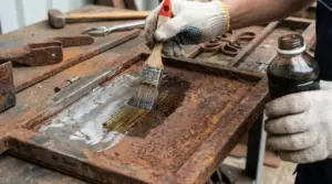 Una persona applica un liquido antiruggine su una superficie in ferro arrugginita