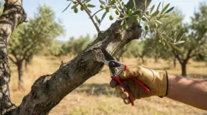 Mano con guanto pota ramo di ulivo con cesoie in un uliveto