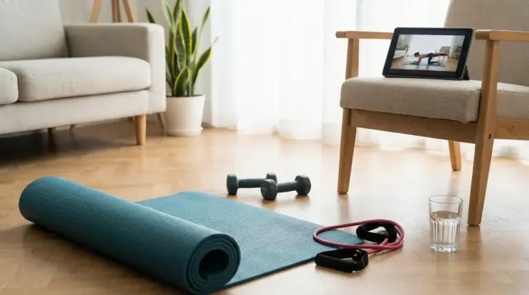 Tappetino da yoga, pesi, elastici fitness e tablet con esercizi in un soggiorno.