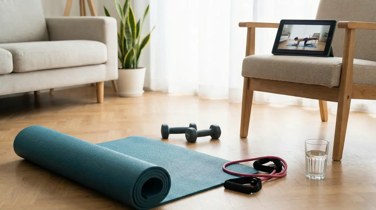 Tappetino da yoga, pesi, elastici fitness e tablet con esercizi in un soggiorno.