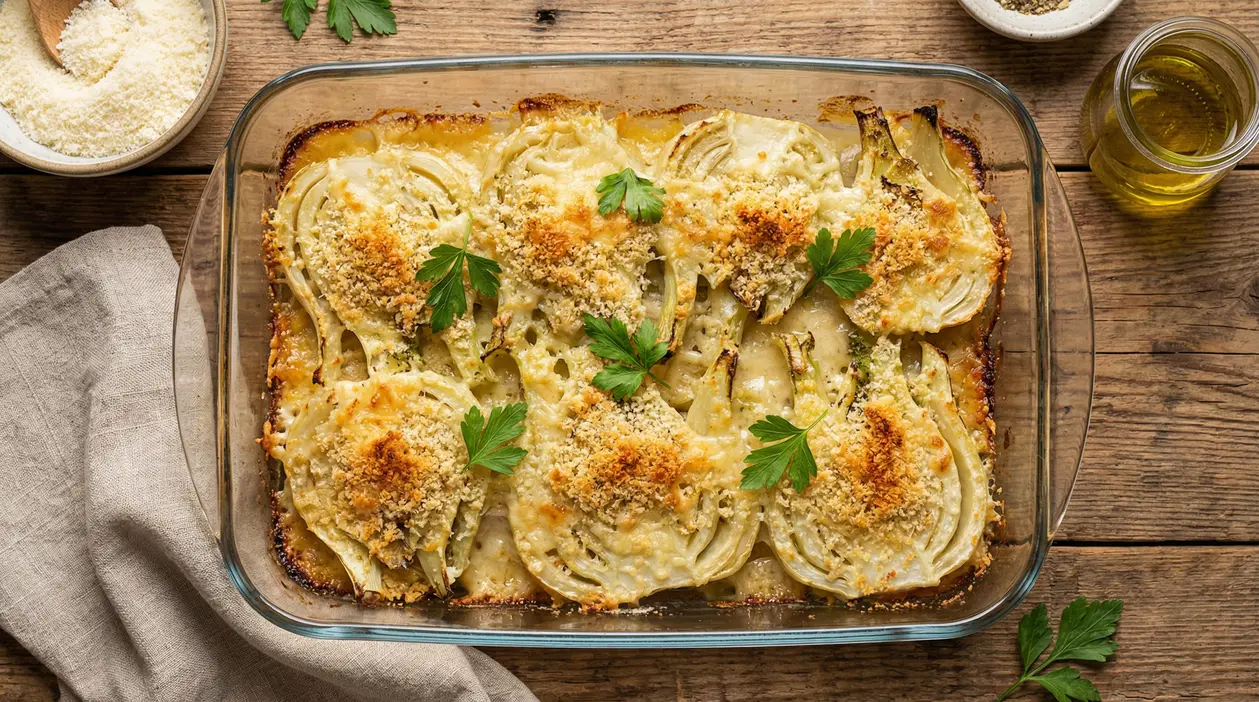 Finocchi al forno gratinati con formaggio e pangrattato in una teglia di vetro su tavolo rustico.