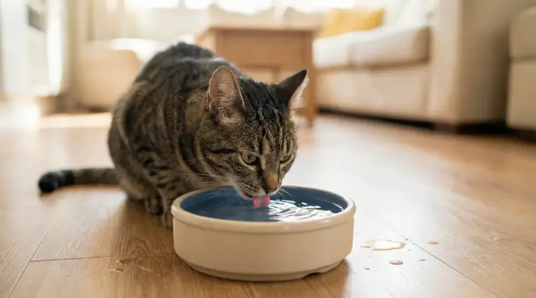 Gatto tigrato che beve da una ciotola d'acqua sul pavimento di casa
