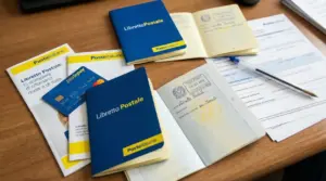 Libretti postali di Poste Italiane su un tavolo con documenti e una carta Postepay