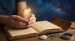 Mani che tengono una lampadina accesa sopra un vecchio libro aperto con oggetti su un tavolo di legno