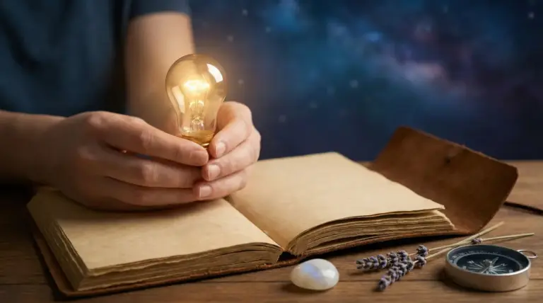 Mani che tengono una lampadina accesa sopra un vecchio libro aperto con oggetti su un tavolo di legno