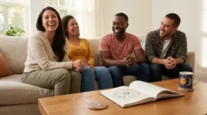 Gruppo di persone che ridono insieme sedute su un divano con un libro di astrologia aperto sul tavolino