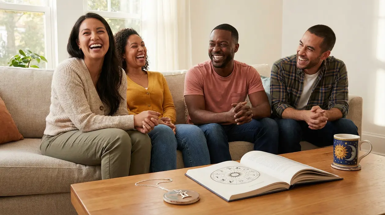 Gruppo di persone che ridono insieme sedute su un divano con un libro di astrologia aperto sul tavolino