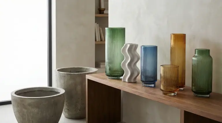 Vasi decorativi in vetro colorato e ceramica su una mensola di legno in un ambiente moderno