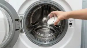 Una mano versa del sale grosso all'interno del cestello di una lavatrice aperta