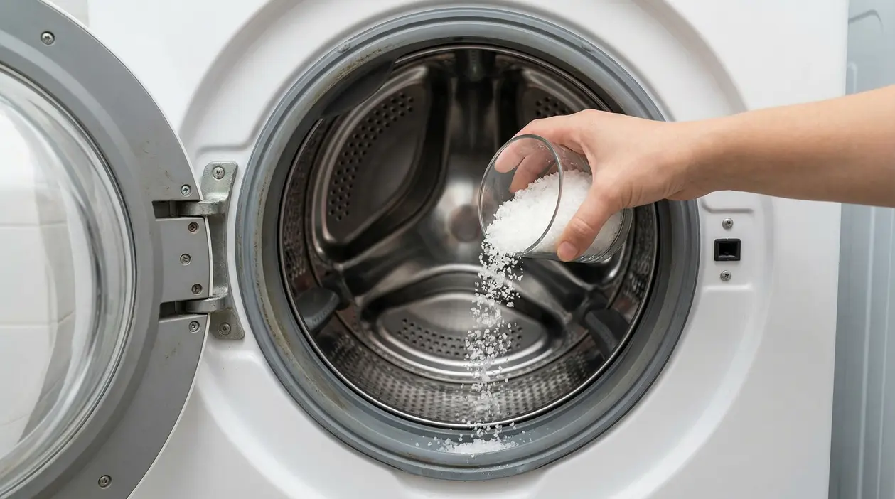 Una mano versa del sale grosso all'interno del cestello di una lavatrice aperta