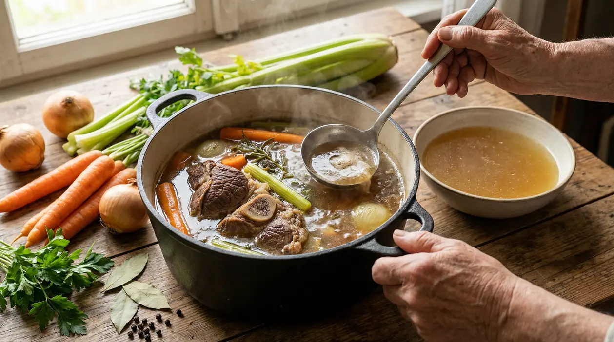 Mani anziane che preparano un brodo di carne con verdure in una pentola sul tavolo
