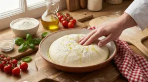 Una mano preme su un impasto per pizza lievitato in una ciotola con farina e olio d'oliva.