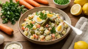 Ciotola di insalata russa con uova sode, cetriolini e prezzemolo su tavolo di legno