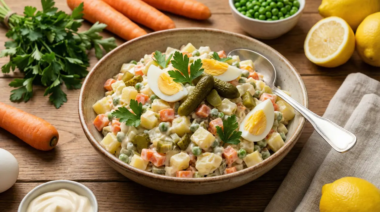 Ciotola di insalata russa con uova sode, cetriolini e prezzemolo su tavolo di legno