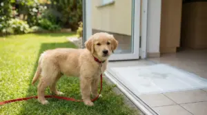 Cucciolo con guinzaglio rosso vicino a una porta aperta e tappetino igienico