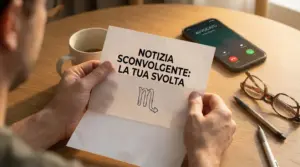 Una persona legge una lettera con un simbolo zodiacale su un tavolo con tazza, occhiali e telefono.