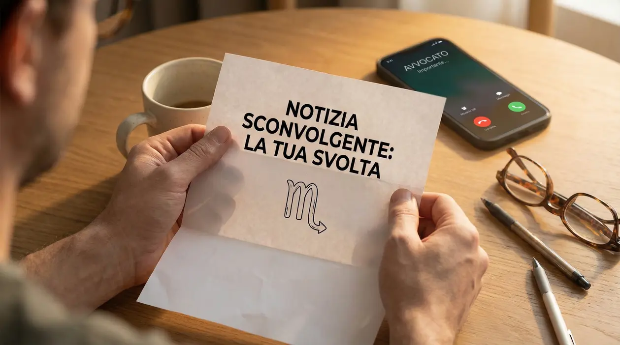 Una persona legge una lettera con un simbolo zodiacale su un tavolo con tazza, occhiali e telefono.