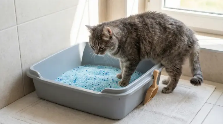 Gatto grigio in una lettiera con sabbia assorbente vicino a una finestra