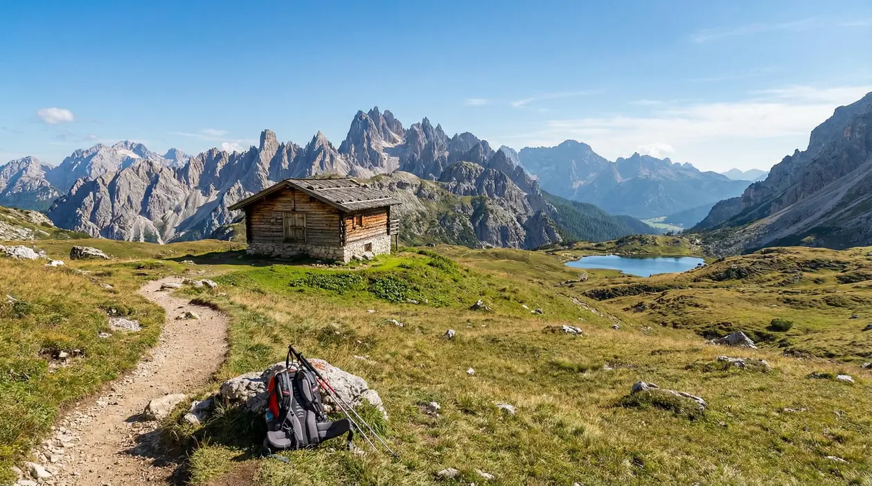Sentiero di montagna con rifugio in legno, vista panoramica sulle Dolomiti e lago alpino