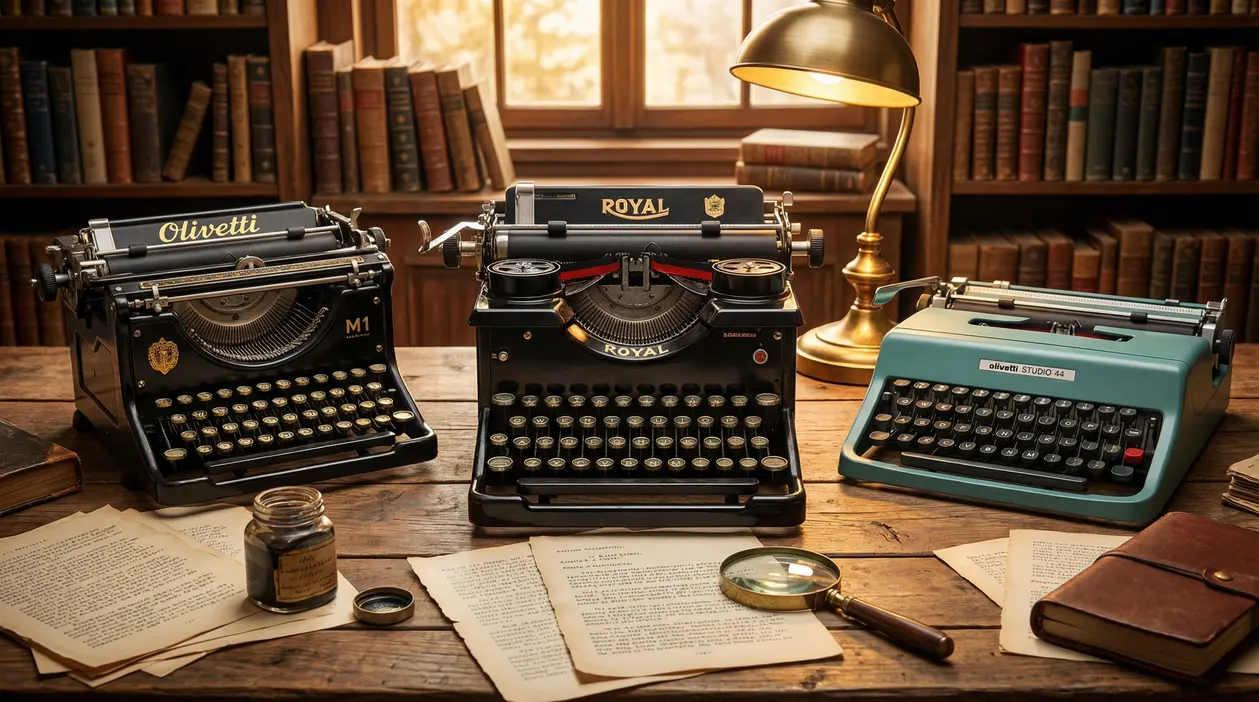 Tre macchine da scrivere vintage su un tavolo di legno in una biblioteca