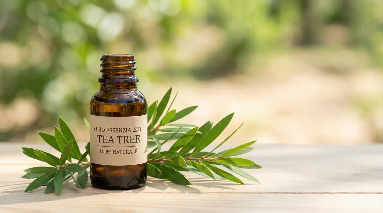 Boccetta di olio essenziale di Tea Tree con foglie verdi su tavolo in legno