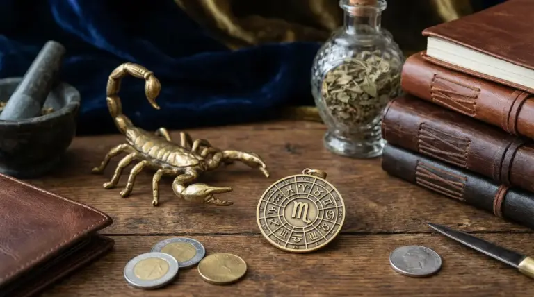Disposizione simbolica con oggetti astrologici e un medaglione dello Scorpione su un tavolo di legno